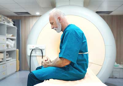 Man sitting in front of MRI machine. 